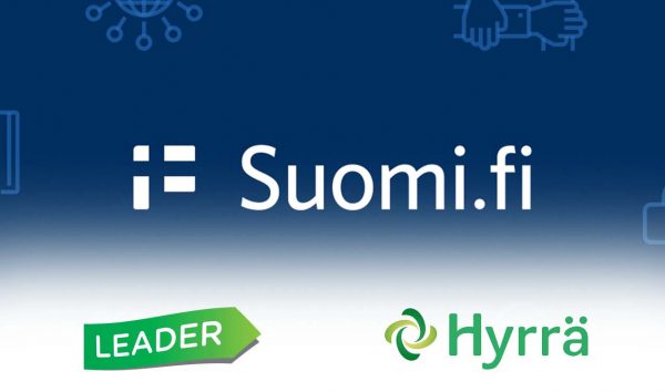 Sininen tausta, Suomi.fi -logo keskellä, alareunassa logot Leader ja Hyrrä.