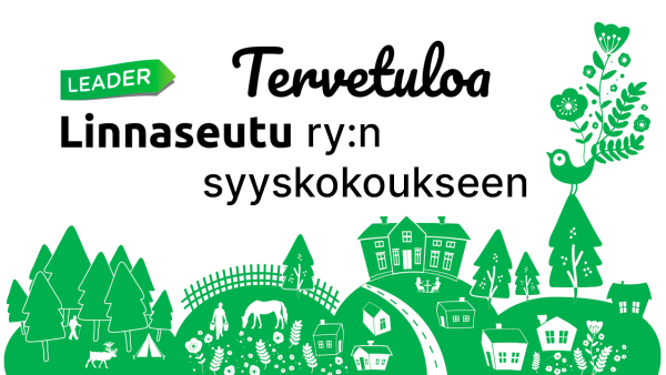 Linnaseutu-logo ja teksti Tervetuloa Linnaseutu ry:n syyskokoukseen. Alla vihreä maisemakuvasiluetti.